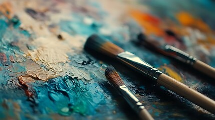 Fototapeta premium Closeup of Paintbrushes on a Colorful Palette
