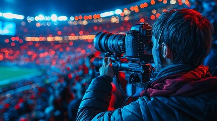 Photographer capturing sports event in a stadium at night