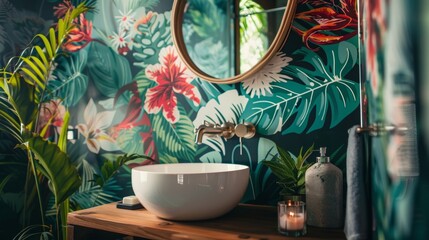 This bathroom embraces a maximalist aesthetic with its mix of bold floral prints geometric shapes and even a touch of tropical palm leaves.