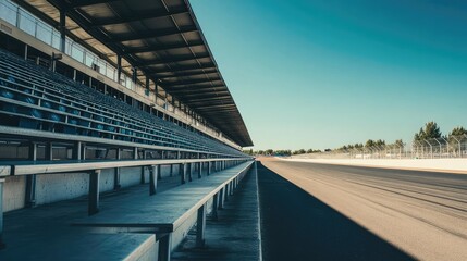 Empty grandstands overlooking a racetrack, with clear skies and perfect conditions for racing.