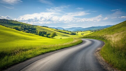 Idyllic countryside landscape with rolling green hills, a winding road, and a bright blue sky, suitable for rural life themes