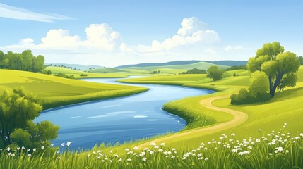 Obraz premium Idyllic rural landscape with a winding river, green fields, and a bright blue sky, suitable for agricultural themes