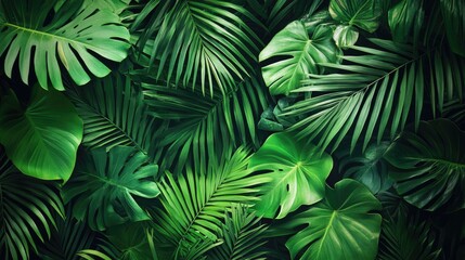 Lush tropical background with vibrant green palm leaves, ideal for summer and vacation-themed designs.