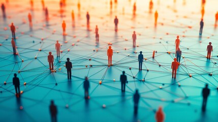 A digital network of tiny people, symbolizes global communication and social connections through technology.