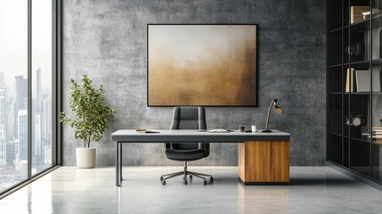 Modern minimalist office space with a clean desk and large abstract art