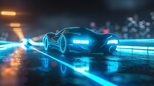 The futuristic design of a cars laser headlights projecting a cool blue glow onto the road.