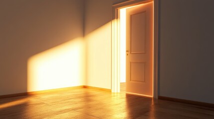 Open door with bright light shining through, symbolizing opportunities and success. Space for text included.