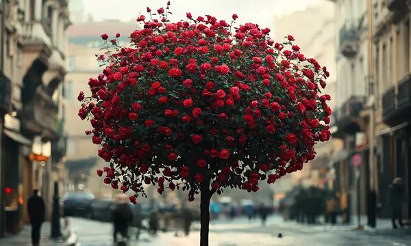 Blooming red rose tree in urban street with ai generated.
