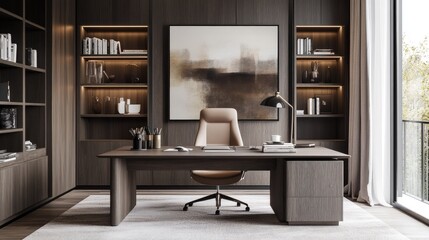 Modern minimalist office space with a clean desk and large abstract art