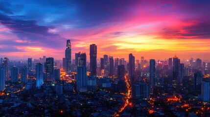 Fototapeta premium Panoramic cityscape landscape at dusk with glowing lights and a colorful sky, perfect for urban themes
