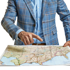 Person in a stylish blue plaid jacket pointing at a map, emphasizing navigation or planning, suitable for travel or business themes.