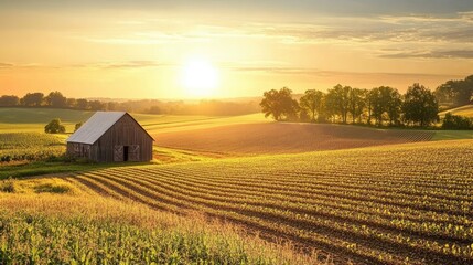 Peaceful farmland landscape with fields of crops, a rustic barn, and a clear sky, ideal for rural life themes