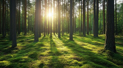 Obraz premium Peaceful forest landscape with tall pine trees, a carpet of moss, and dappled sunlight, ideal for nature walk themes 7d
