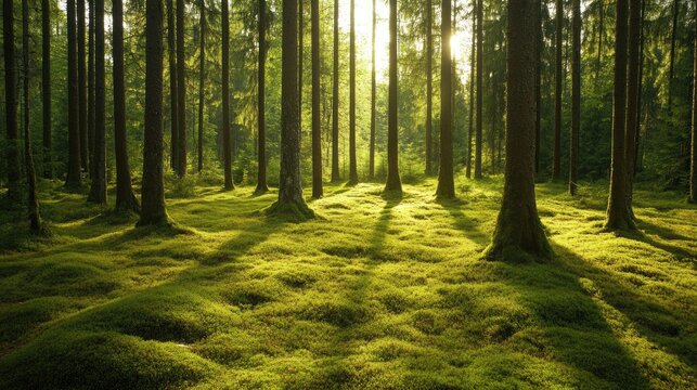 Peaceful forest landscape with tall pine trees, a carpet of moss, and dappled sunlight, ideal for nature walk themes 7d