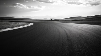 Naklejka premium Race track with a solitary car in the distance, emphasizing solitude and focus in a high-speed environment