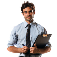 Professional man in formal attire holding a clipboard and pen, ready for business or office work.