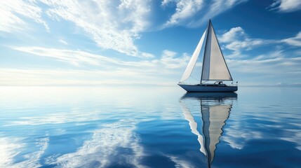 Sailing boat on calm waters, representing smooth sailing towards success. Text space available.