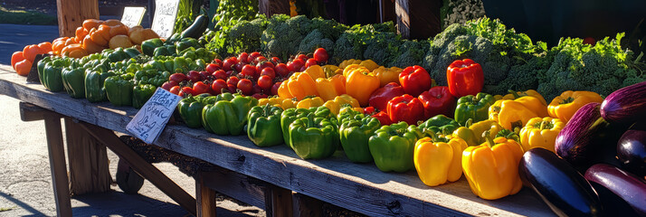 Fresh vegetables and fruits displayed on an outdoor table at the farm stand