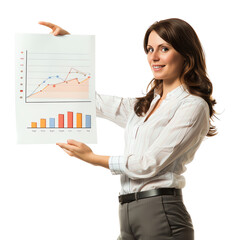 Businesswoman presenting a growth chart, showcasing data analysis and business success in a professional setting.