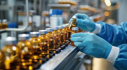 In a pharmaceutical factory, a dedicated worker carefully manages vaccine vials, showcasing the precision, care, and attention to detail essential in the complex vaccine production process