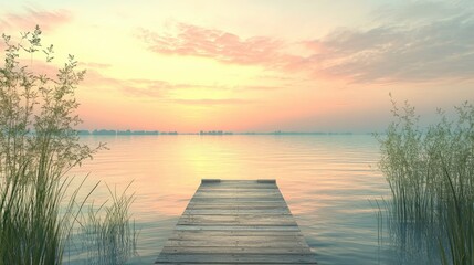 Fototapeta premium Serene lakeside landscape with a wooden dock, calm waters, and a pastel-colored sky, perfect for peaceful retreat themes