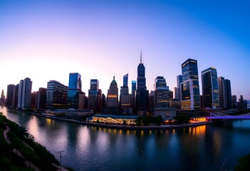 Obraz premium City skyline at sunset with reflections in the water (2)