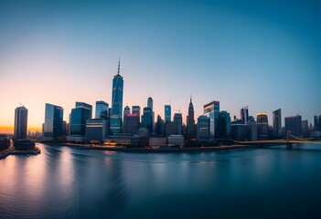 Obraz premium City skyline at sunset with reflections in the water