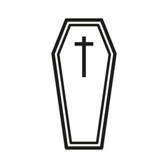 Coffin outline icon. Cross detail inside. Simple black design. Vector symbol.