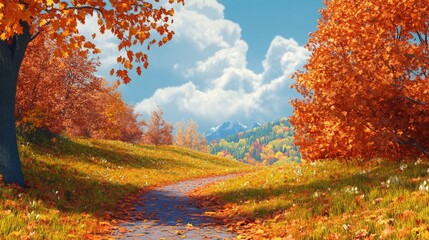 Vibrant autumn landscape with colorful leaves, a winding path, and a crisp blue sky, perfect for seasonal themes