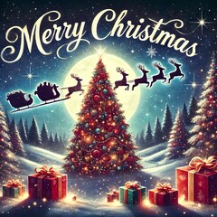 Merry Christmas card with decorated tree and Santa's sleigh
