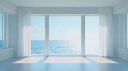 Obraz premium Empty room sea view with clipping path for background stock photo, 3d rendering of interior without furniture, white and blue pastel color 