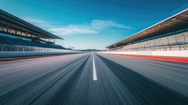 View of an empty racetrack from the grandstands, with the track stretching out in front.