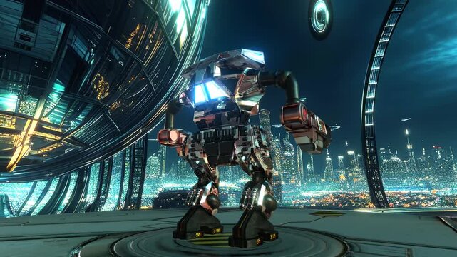 A futuristic combat robot in the future.