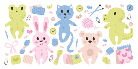 Obraz premium Handmade funny toys puppets sewing with needles, threads and fabric cloth hobby activity set