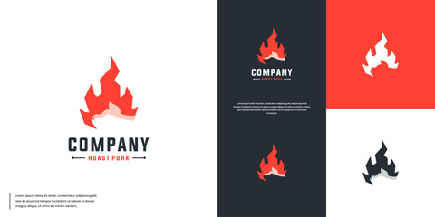 barbecue logo with pig head and flame, party invitation, vector graphic design.