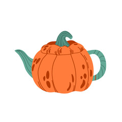 Teapot in the shape of a pumpkin. Pumpkin shaped ceramic teapot with handle and lid. Illustrated vector element.