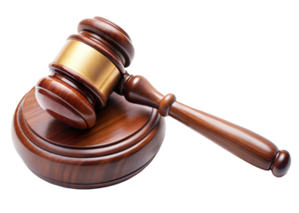 Wooden judge's gavel on a round base for legal decisions isolated on transparent background