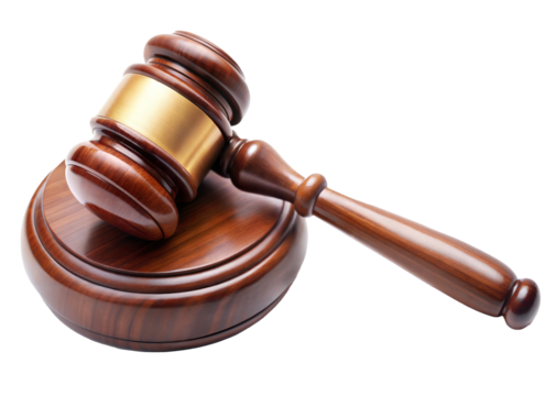 Wooden judge's gavel on a round base for legal decisions isolated on transparent background