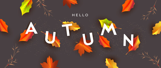 Autumn poster or cover. Modern autumn design with autumn leaves and typography. Trendy fall template for background, sale banner, flyer, advertising, web, social media, marketing material.