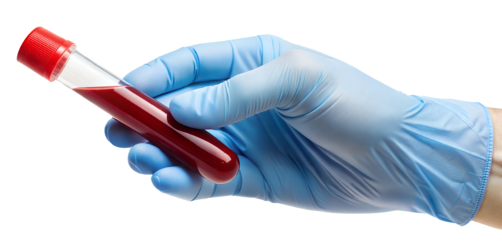 Hand holding blood sample in a test tube for medical examination isolated on transparent background
