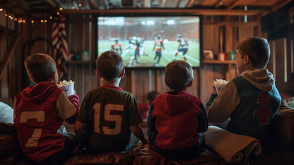 Obraz premium Boys’ Night In: Group of Friends Watching Football in a Cozy Home 