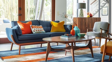 Fototapeta premium Pairing a mid-century modern coffee table with a retro-inspired sofa and vibrant accent pillows.
