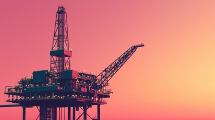 Obraz premium Offshore Oil Rig at Sunset with Pink Sky