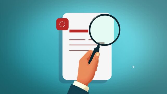 Animation of a hand holding a magnifying glass examining a cooperation contract, suitable for the Concept of Contract Agreements in companies