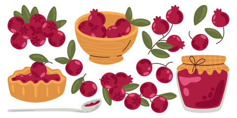 Cranberry set with berries branch and leaves, jam in glass jar, cupcake tasty snack dessert