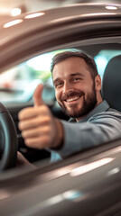 Happy man in car after buy a car