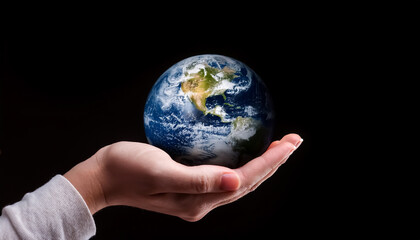 earth on hand, side view, magic, rotation, sea, clouds, land, glowing, stars, fantasy, design, illustration, black background