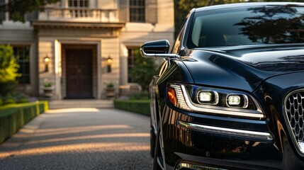 Fototapeta premium The refined front of a luxury sedan, featuring a chrome-accented grille and sophisticated lighting, exudes elegance and premium craftsmanship.