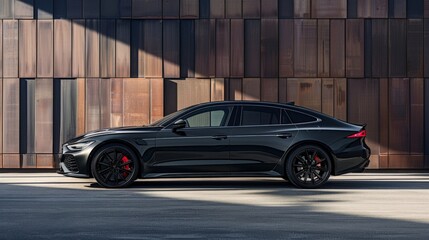 The side profile of a high-performance sports sedan, with its aggressive lines and powerful stance. A blend of luxury and performance.