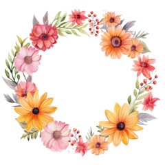 Obraz premium Beautiful Watercolor Floral Wreath Illustration with Colorful Flowers and Greenery, Perfect for Invitations and Greeting Cards